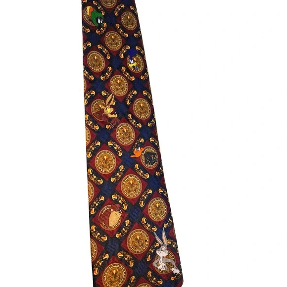 Looney Tunes Necktie Mens Navy Burgundy Vintage 1997 Excellent Medallion Print - Picture 4 of 12